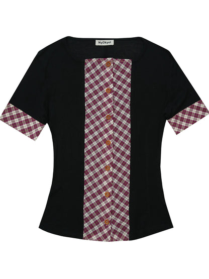 Red White Check Knit Trim Stretch Slim Fit Short Sleeve Cardigan