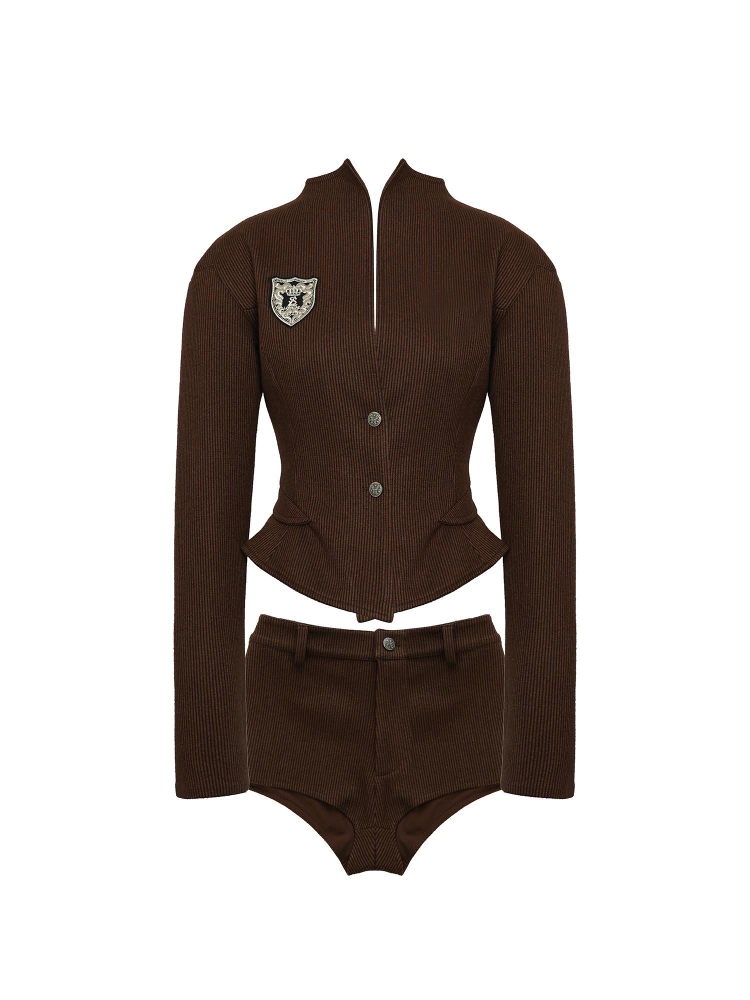 NyDkyel Retro Brown Striped Waist Defining Blazer Set
