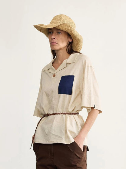 Retro Cuban Collar Color Block Pocket Short Sleeve T-shirt