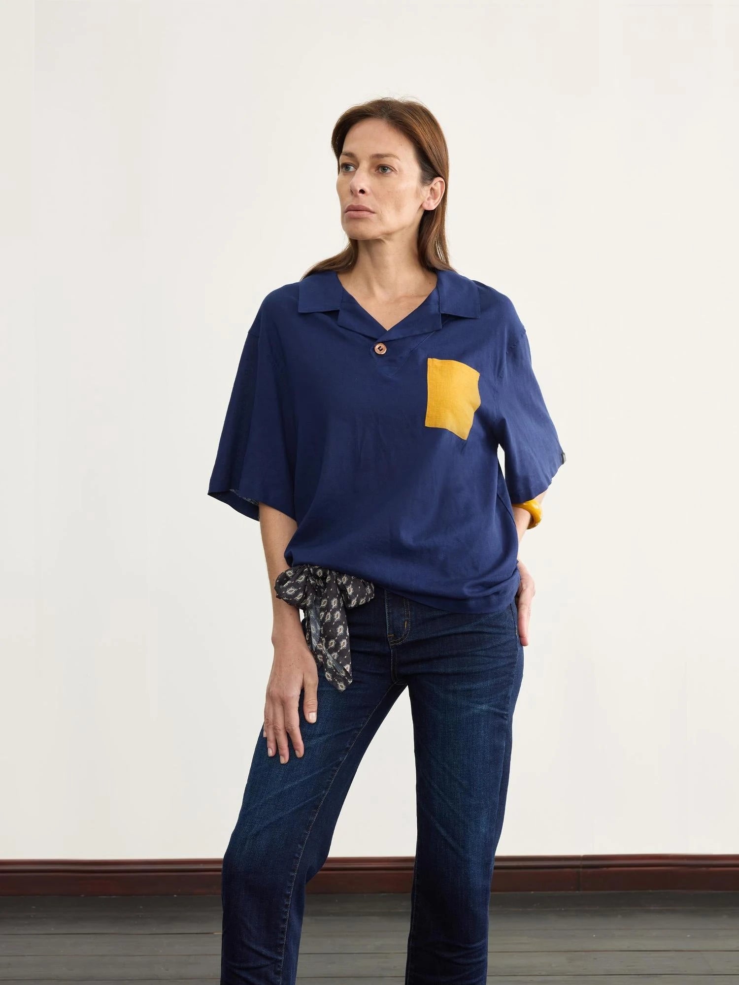 Retro Cuban Collar Color Block Pocket Short Sleeve T-shirt