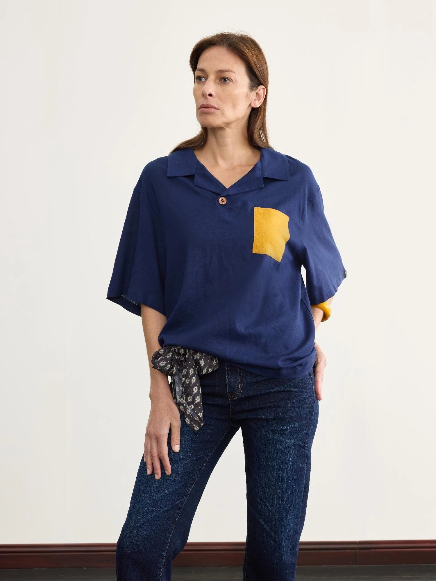 Retro Cuban Collar Color Block Pocket Short Sleeve T-shirt