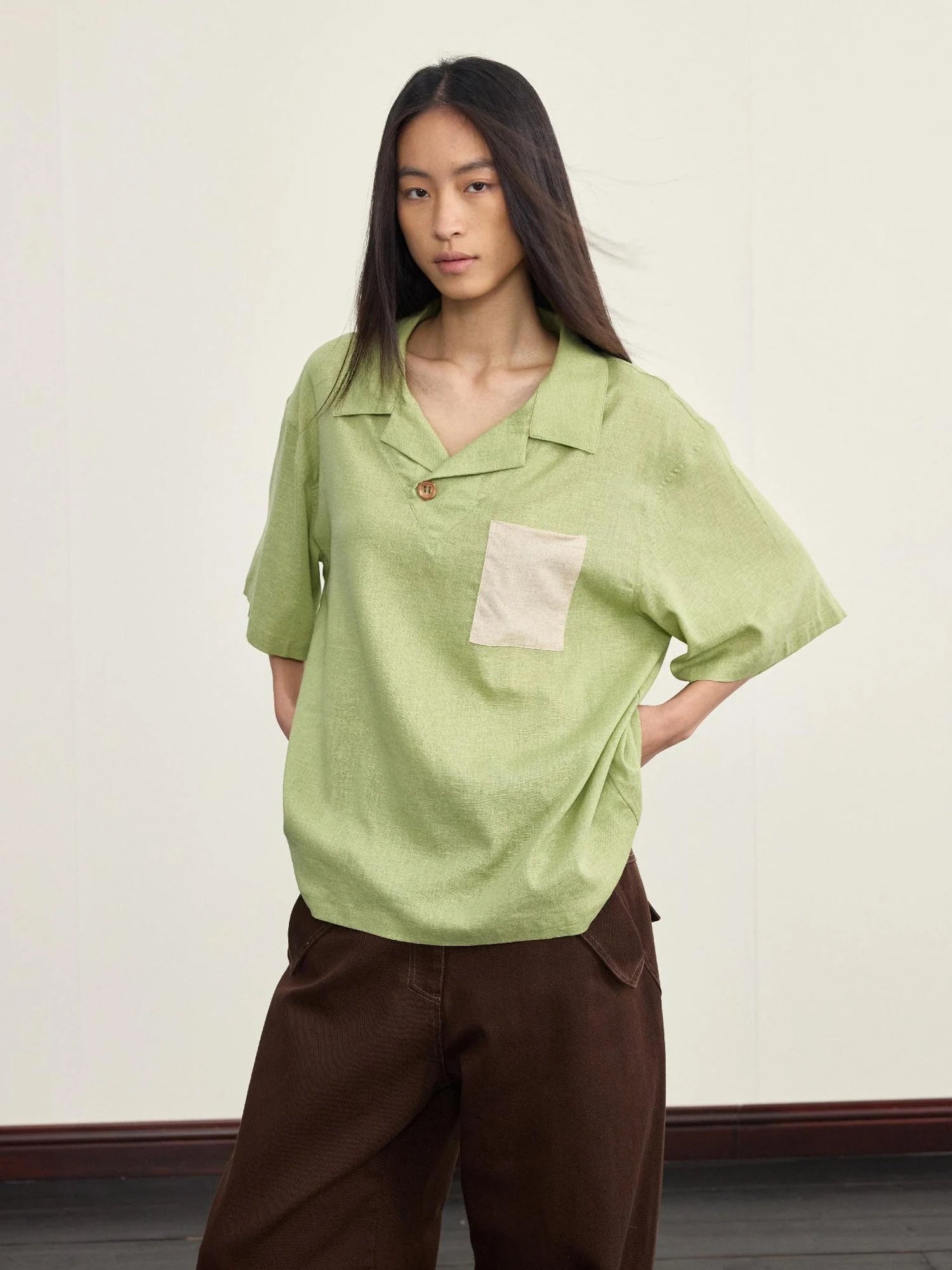 Retro Cuban Collar Color Block Pocket Short Sleeve T-shirt