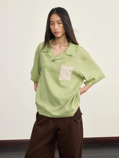 Retro Cuban Collar Color Block Pocket Short Sleeve T-shirt