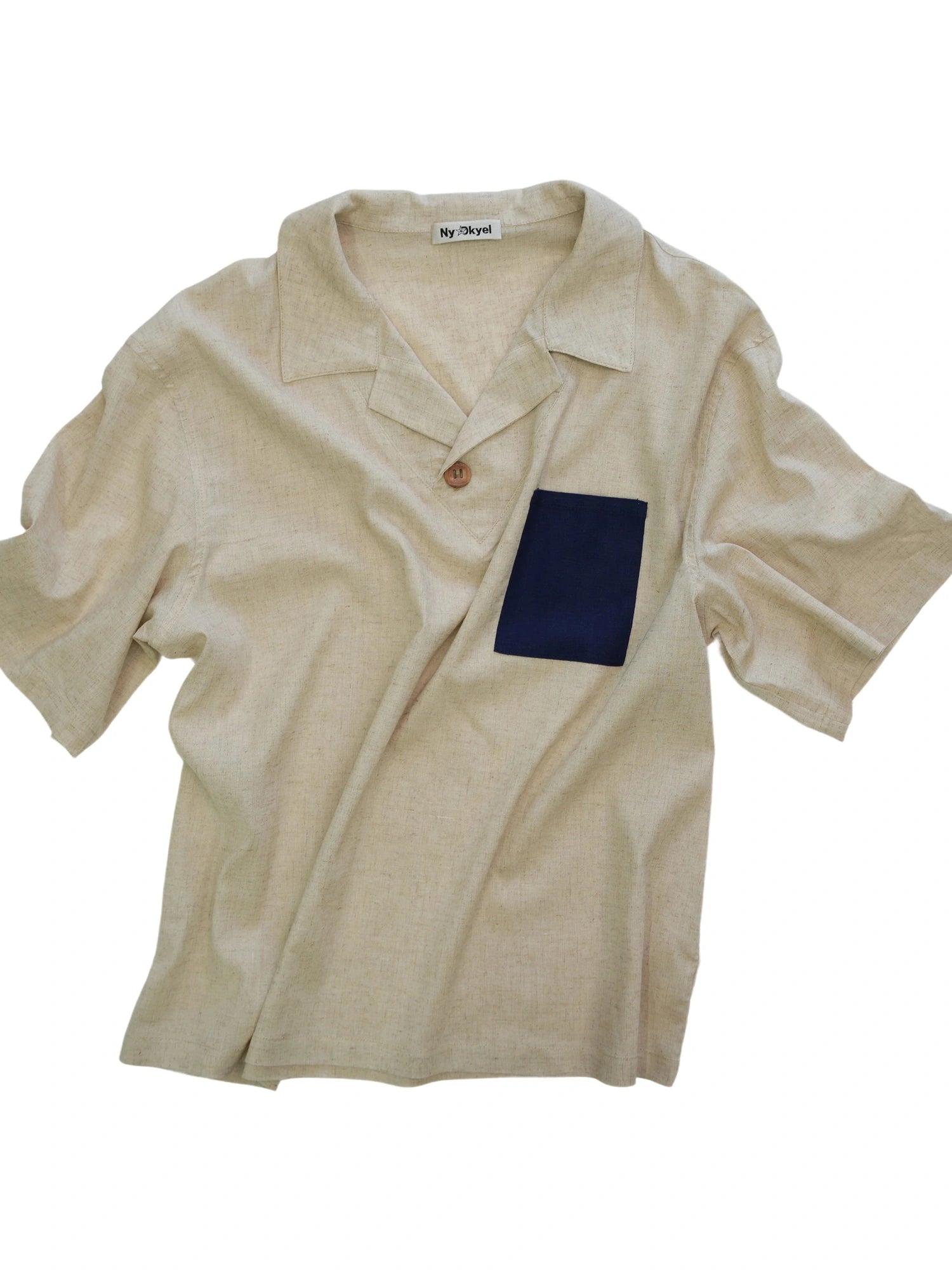 Retro Cuban Collar Color Block Pocket Short Sleeve T-shirt