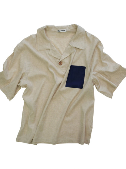Retro Cuban Collar Color Block Pocket Short Sleeve T-shirt