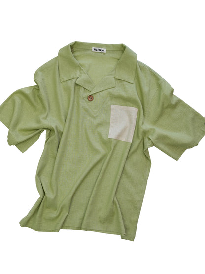 Retro Cuban Collar Color Block Pocket Short Sleeve T-shirt