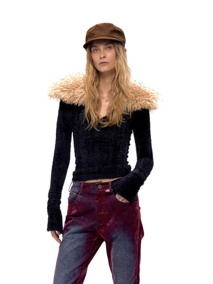 Retro Faux Fur Collar V-Neck Knit Sweater