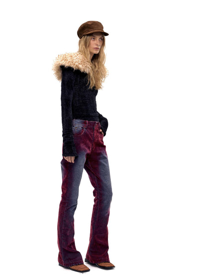 Retro Faux Fur Collar V-Neck Knit Sweater