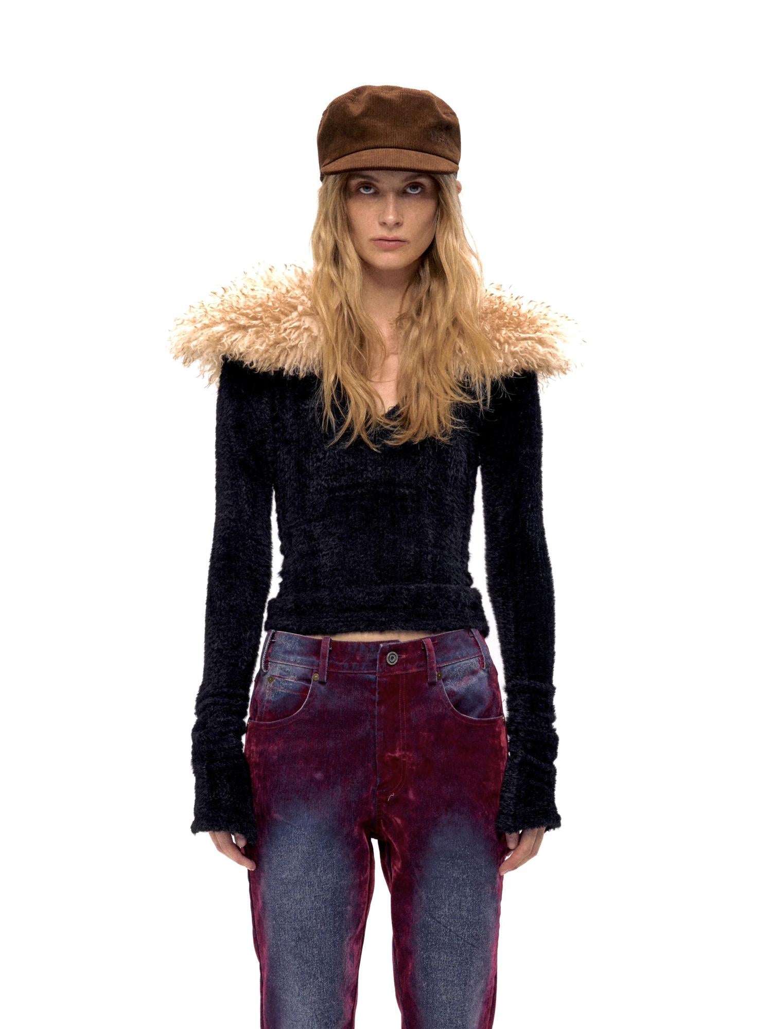 Retro Faux Fur Collar V-Neck Knit Sweater