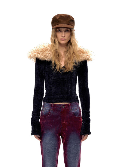 Retro Faux Fur Collar V-Neck Knit Sweater