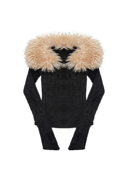Retro Faux Fur Collar V-Neck Knit Sweater