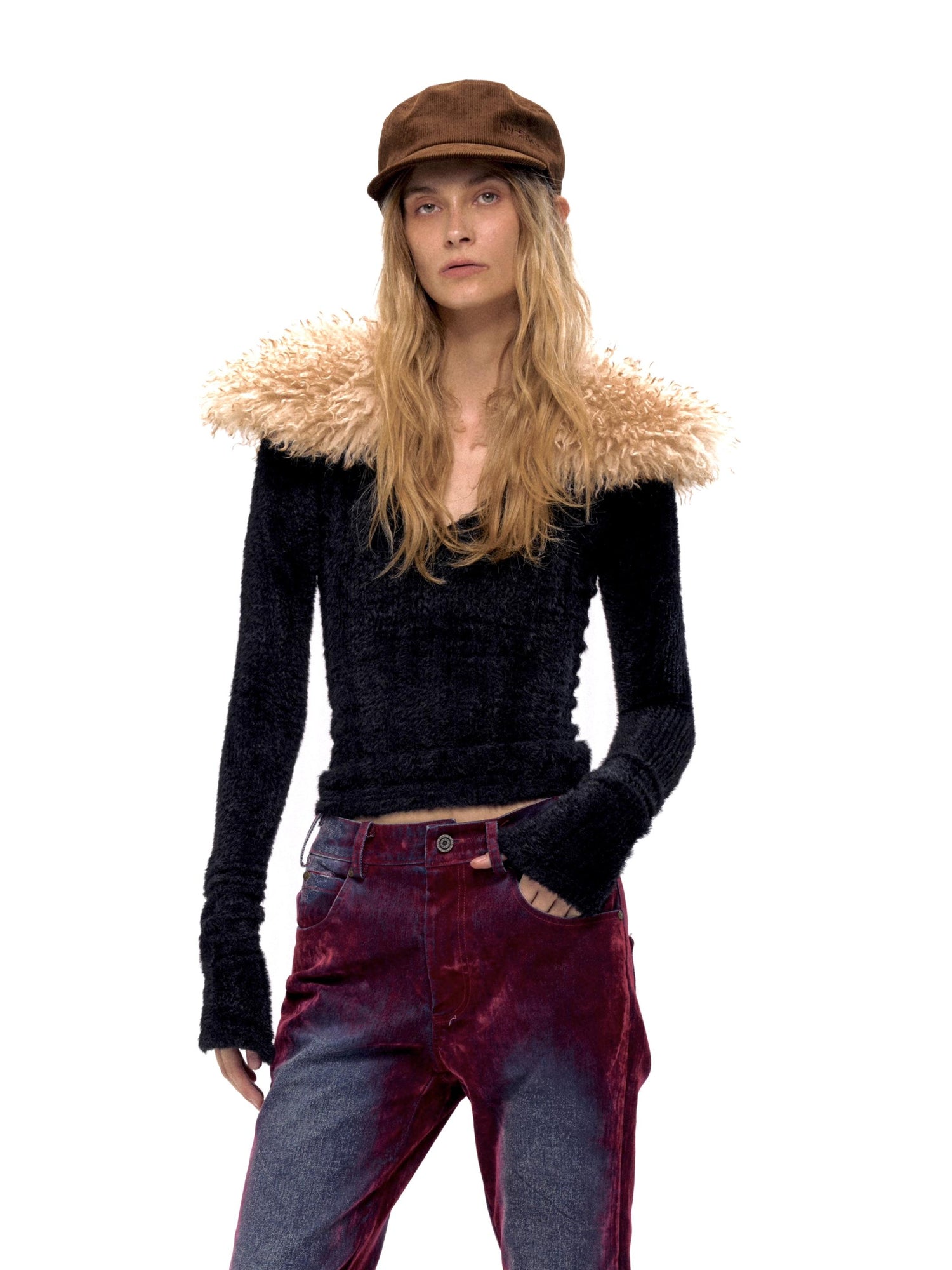 Retro Faux Fur Collar V-Neck Knit Sweater