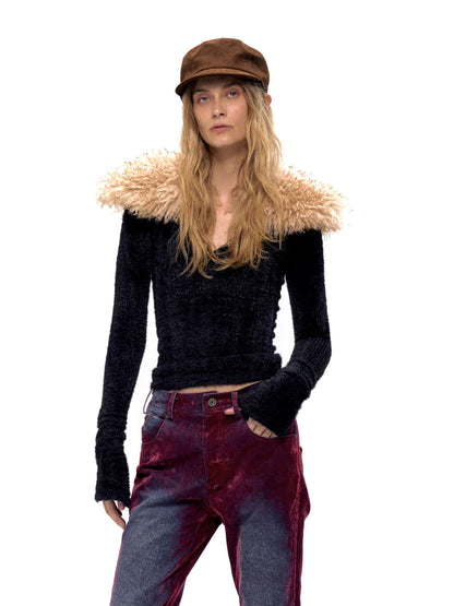 Retro Faux Fur Collar V-Neck Knit Sweater