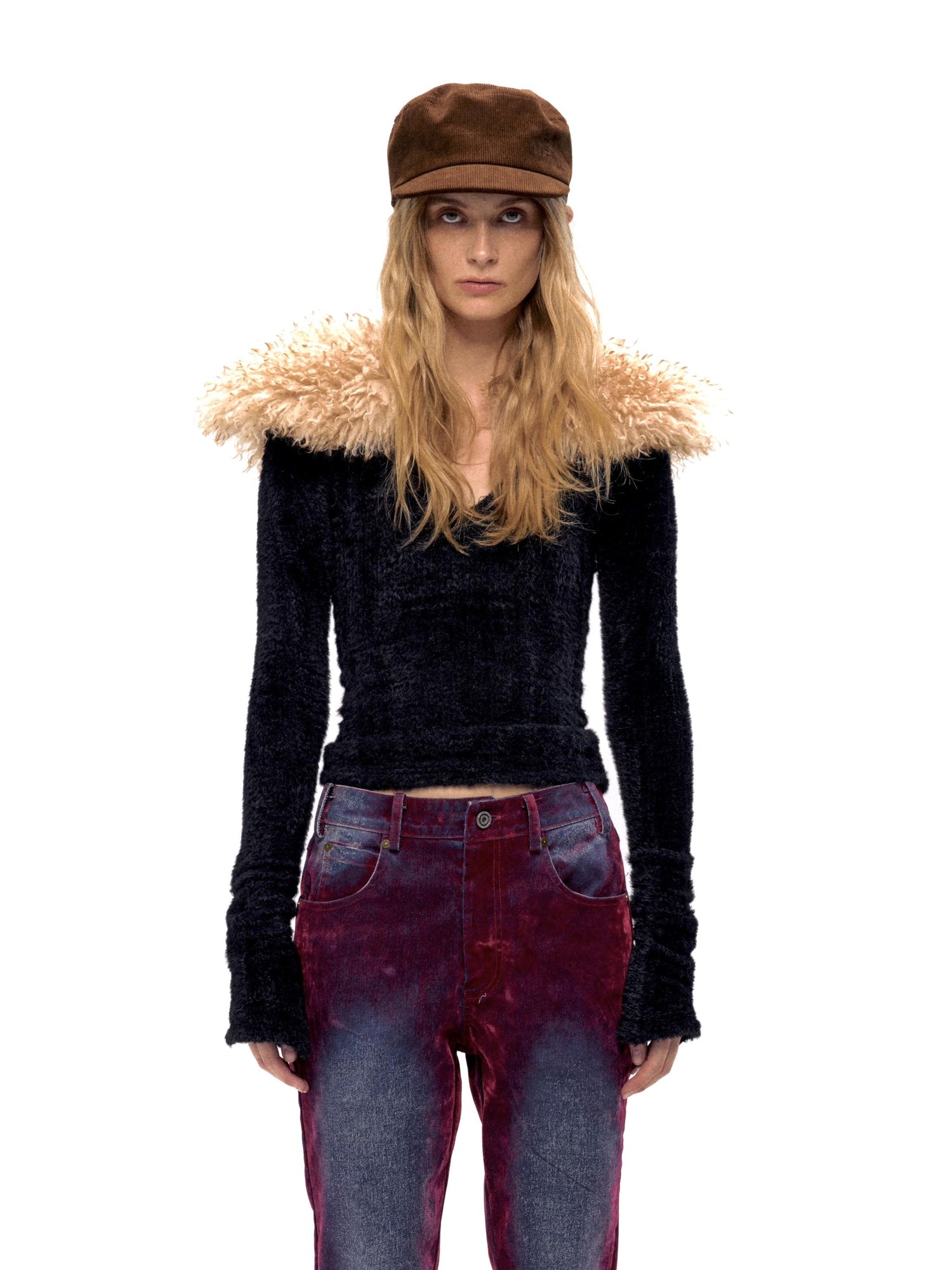 Retro Faux Fur Collar V-Neck Knit Sweater