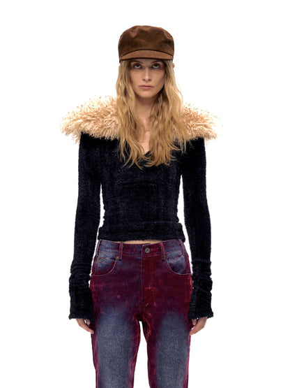 Retro Faux Fur Collar V-Neck Knit Sweater