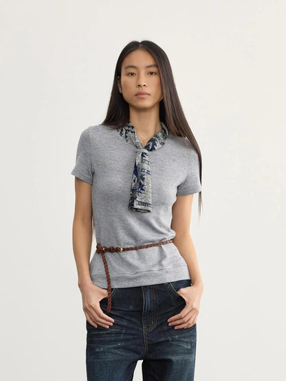 Retro Geometric Jacquard Tie Front Knit Tee