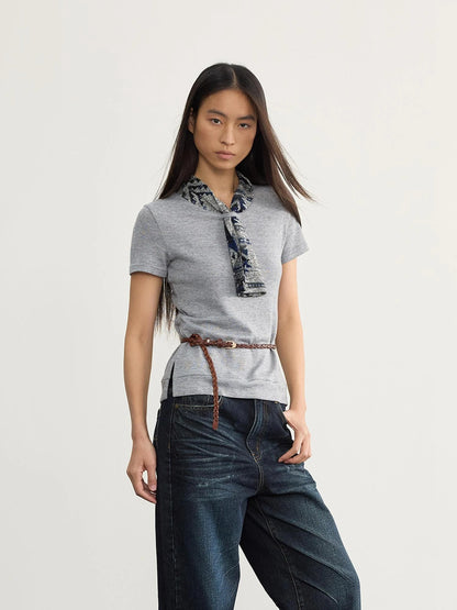 Retro Geometric Jacquard Tie Front Knit Tee