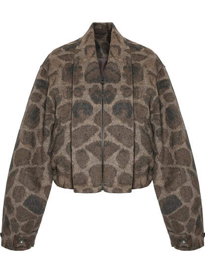 Retro Notched Collar Leopard Print Wool Blend Jacket
