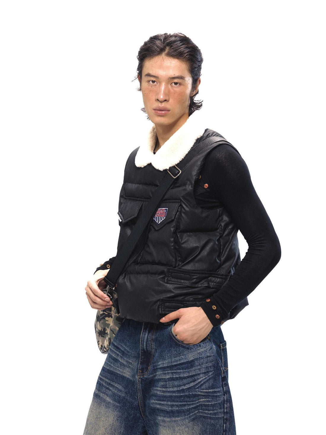 NyDkyel Retro PU Puffer Vest With Faux Fur Collar