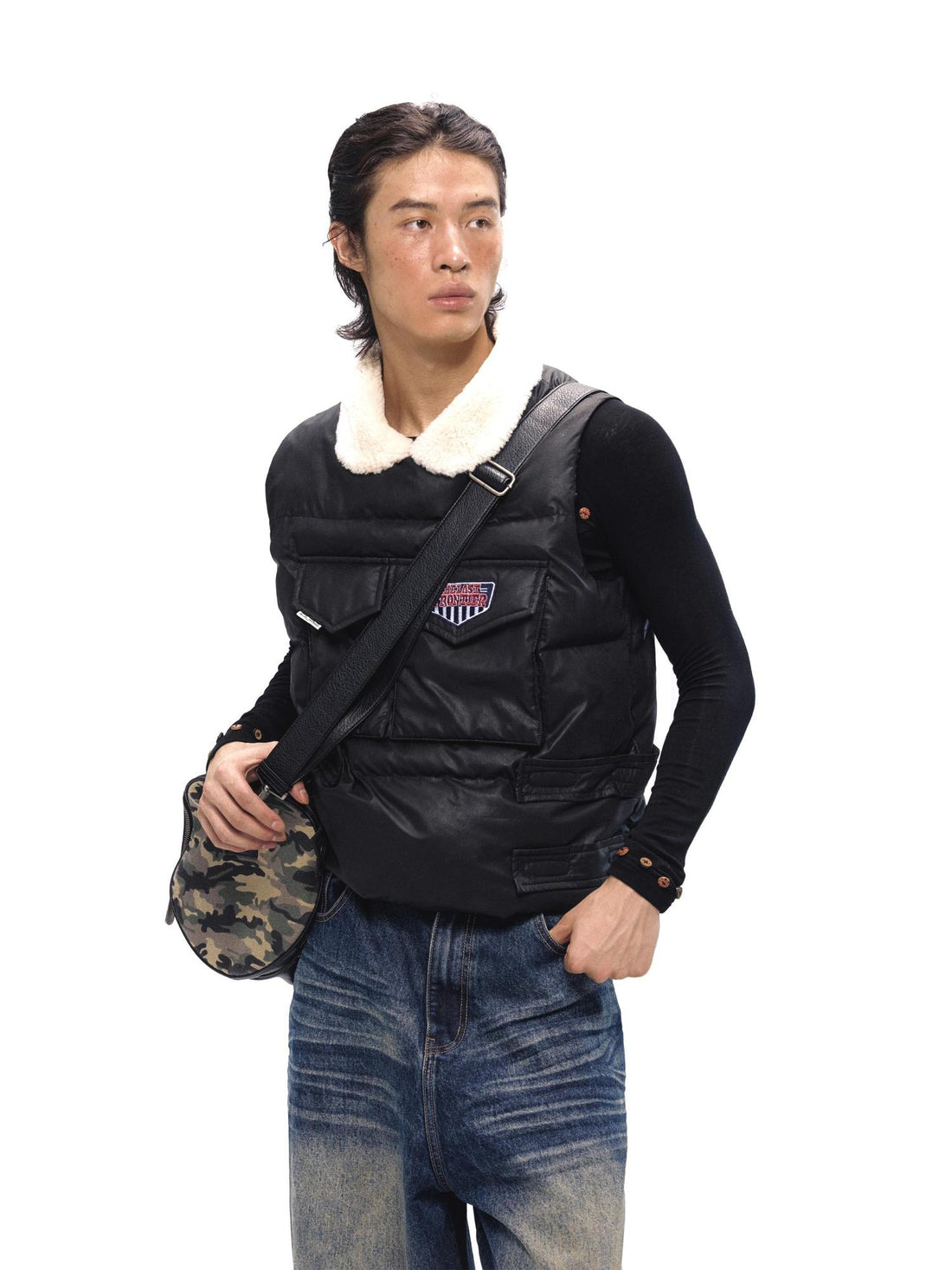 NyDkyel Retro PU Puffer Vest With Faux Fur Collar