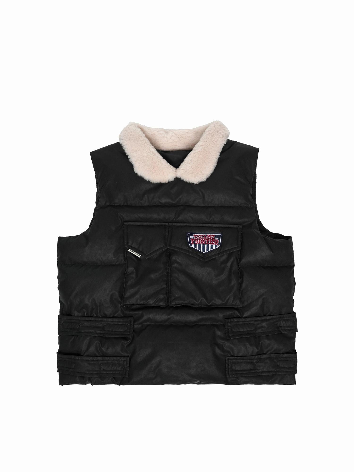 NyDkyel Retro PU Puffer Vest With Faux Fur Collar