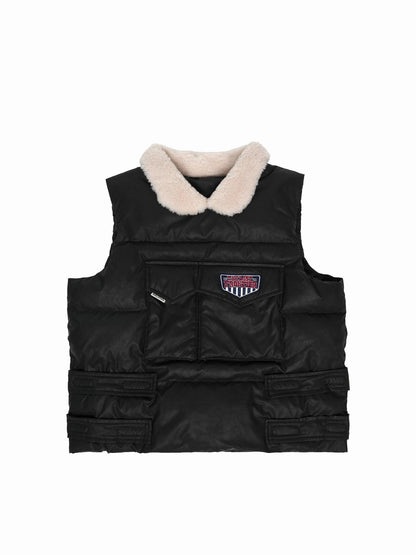NyDkyel Retro PU Puffer Vest With Faux Fur Collar