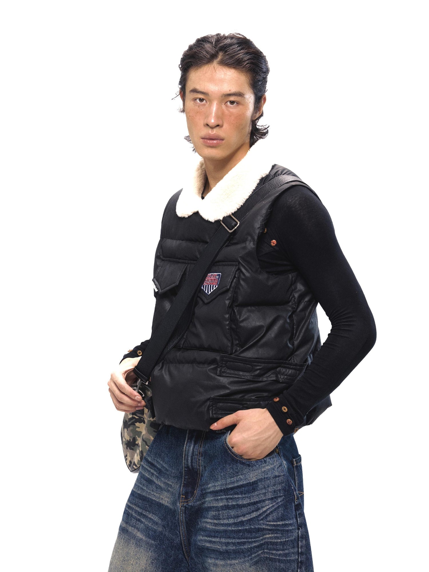 NyDkyel Retro PU Puffer Vest With Faux Fur Collar