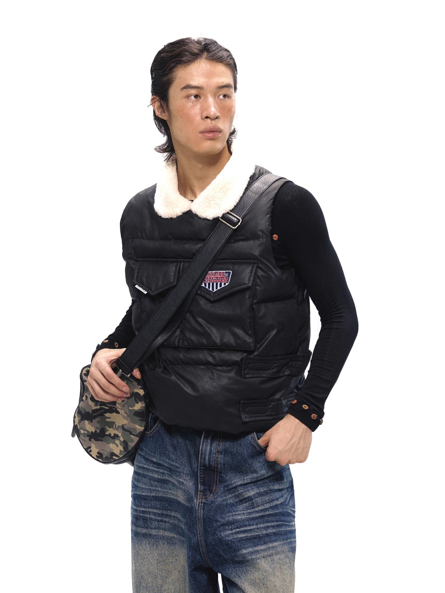 NyDkyel Retro PU Puffer Vest With Faux Fur Collar