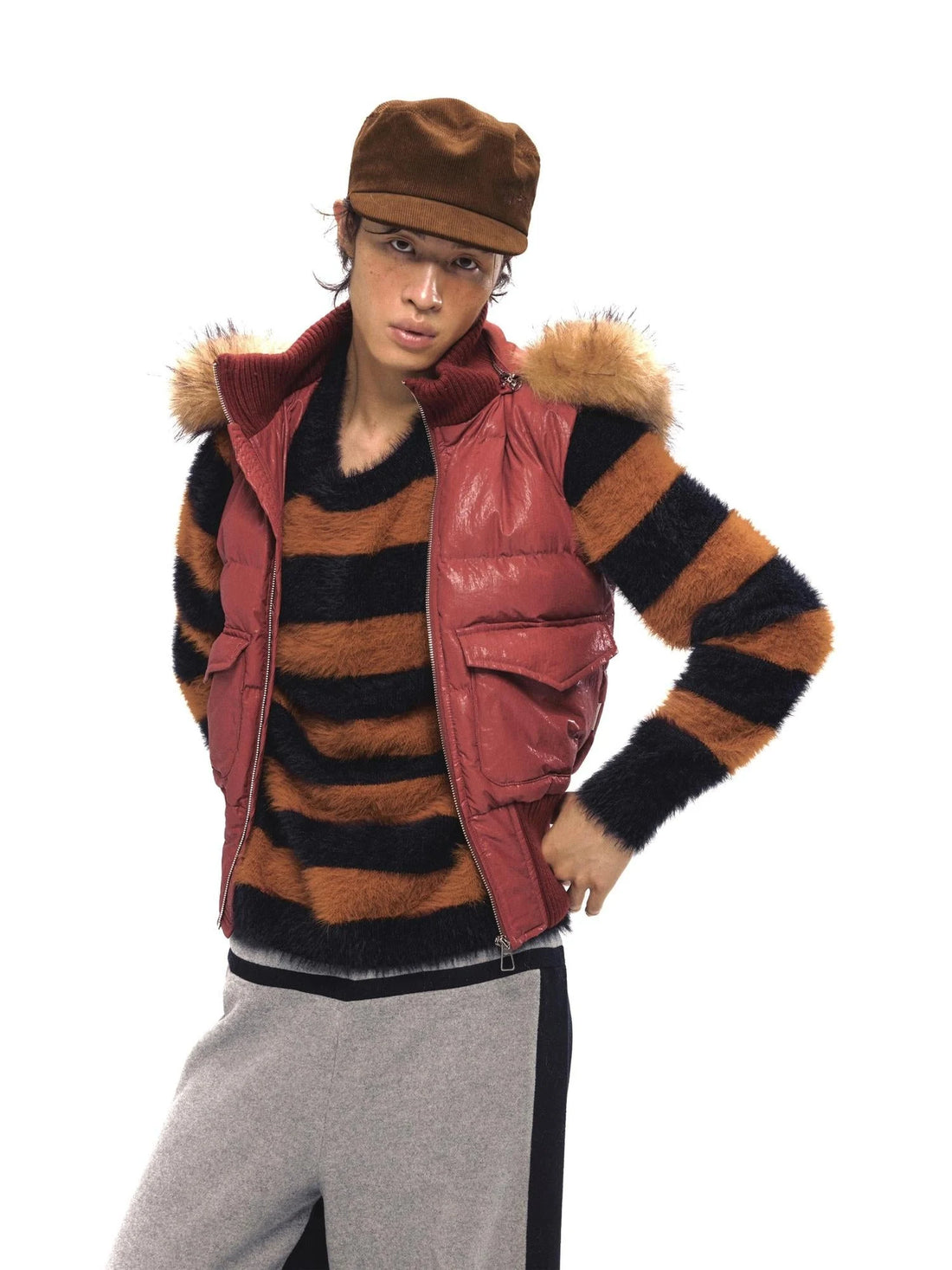 Retro Red Quilted Vest With Detachable Hood