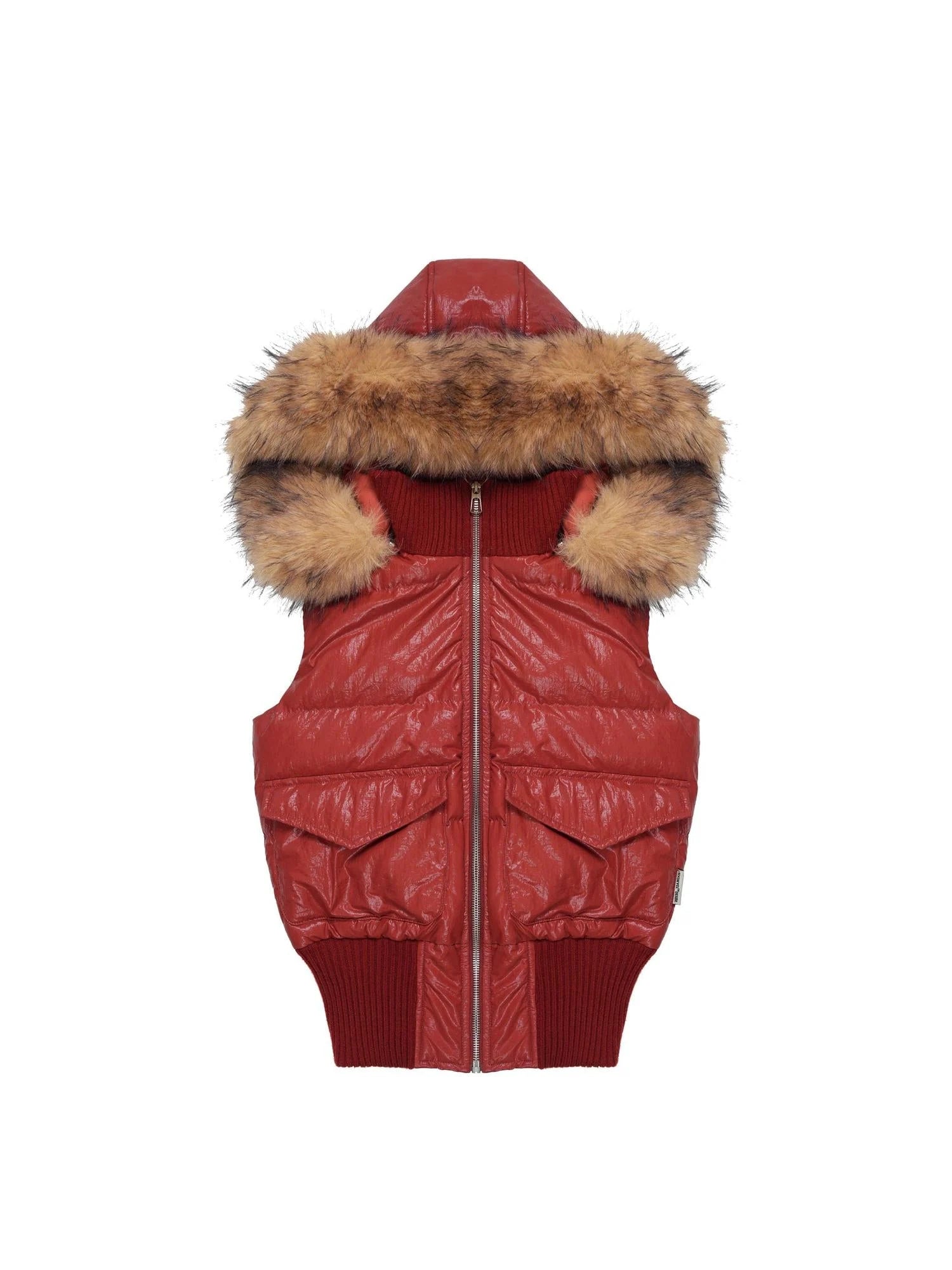 Retro Red Quilted Vest With Detachable Hood