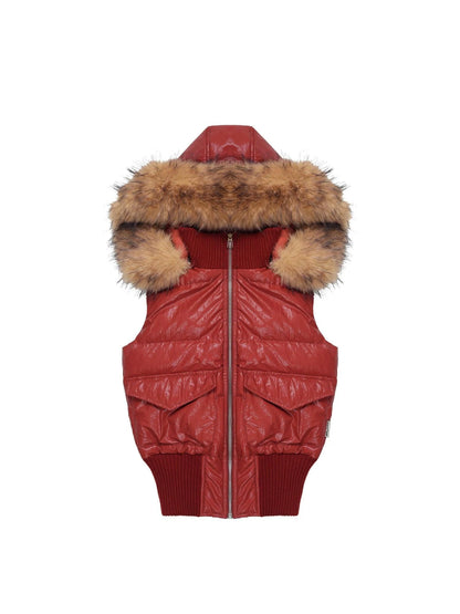 Retro Red Quilted Vest With Detachable Hood