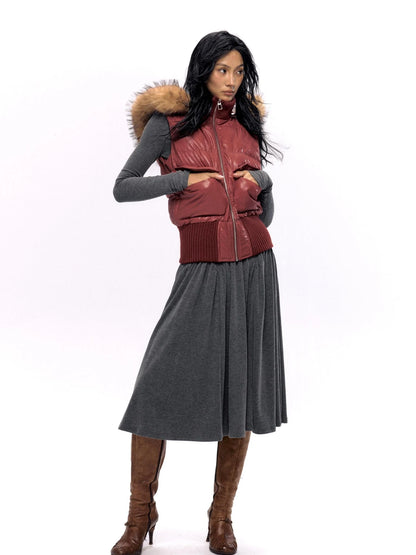 Retro Red Quilted Vest With Detachable Hood