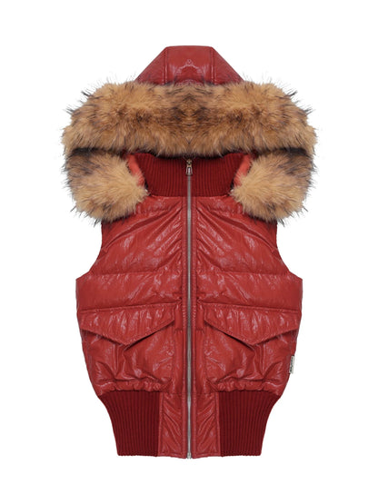 Retro Red Quilted Vest With Detachable Hood