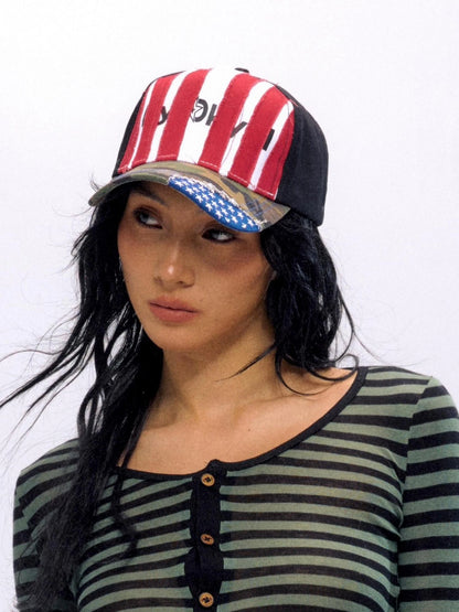 Retro Red Stripe Camo Patch Baseball Cap