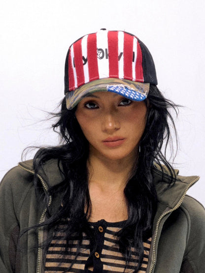 Retro Red Stripe Camo Patch Baseball Cap