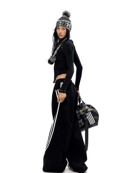 NyDkyel Retro Stripe Trim Denim Jeans Wide Leg