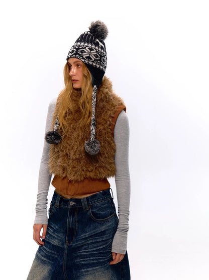 Ribbed Knit Sleeveless Vest With Faux Fur Trim