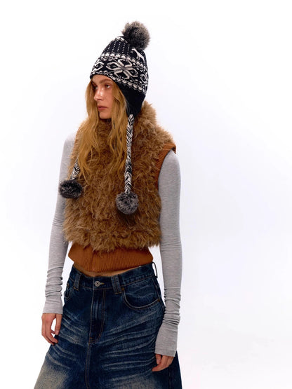 Ribbed Knit Sleeveless Vest With Faux Fur Trim