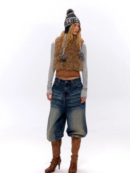Ribbed Knit Sleeveless Vest With Faux Fur Trim
