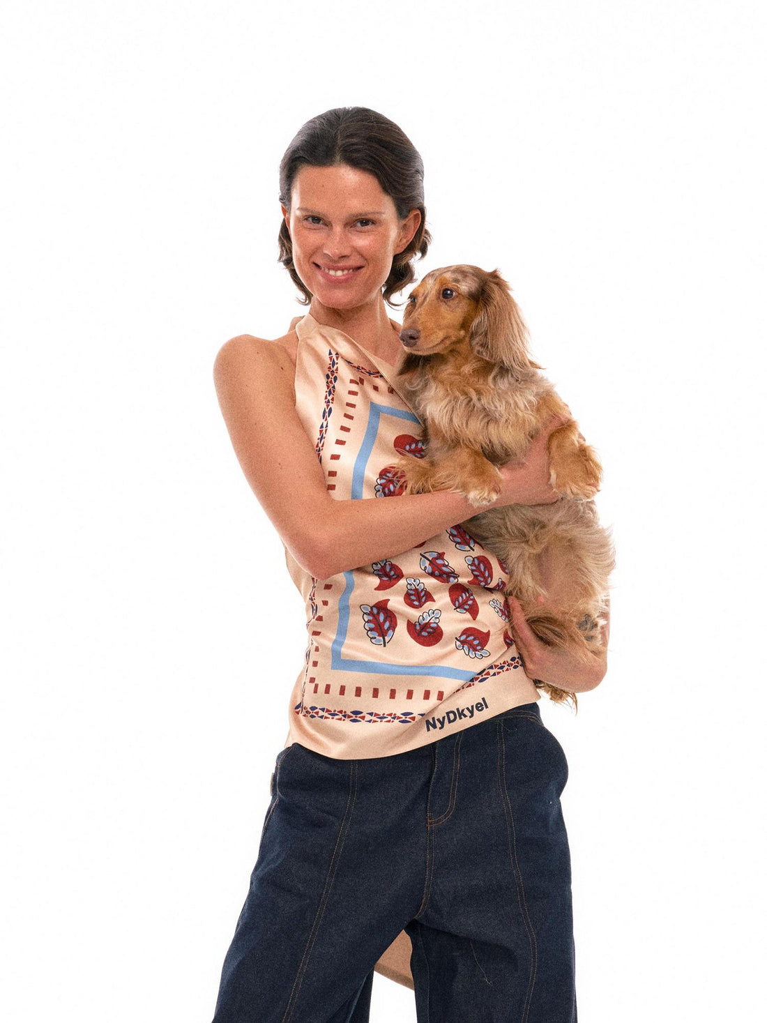 NyDkyel Satin Sheer Backless Halter Top With Ethnic Print