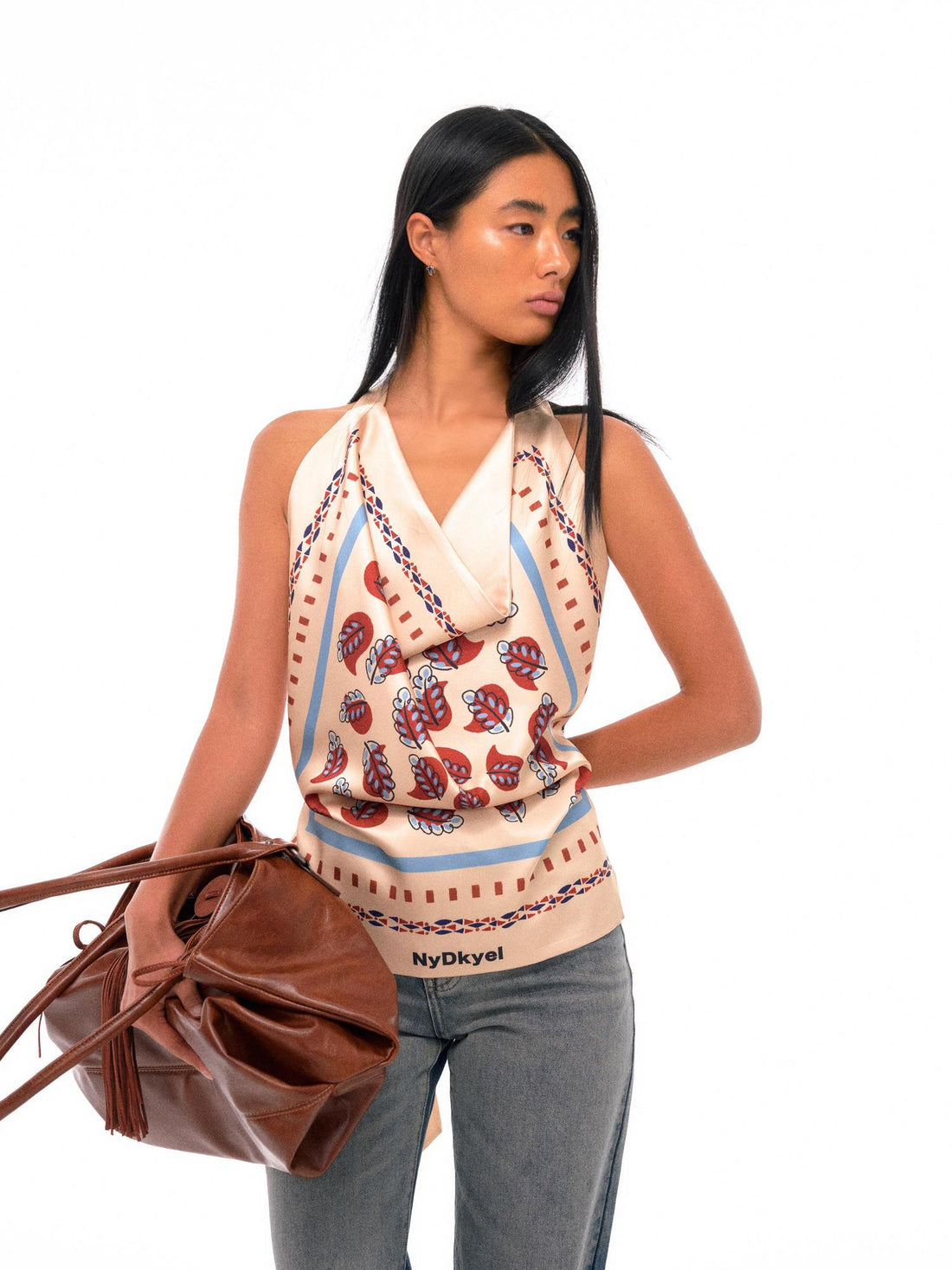 NyDkyel Satin Sheer Backless Halter Top With Ethnic Print