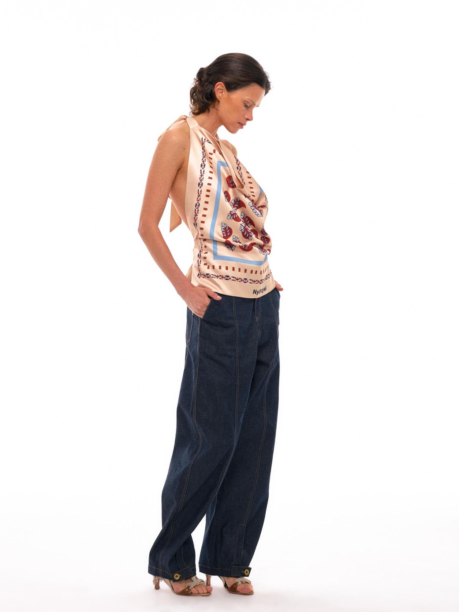 NyDkyel Satin Sheer Backless Halter Top With Ethnic Print