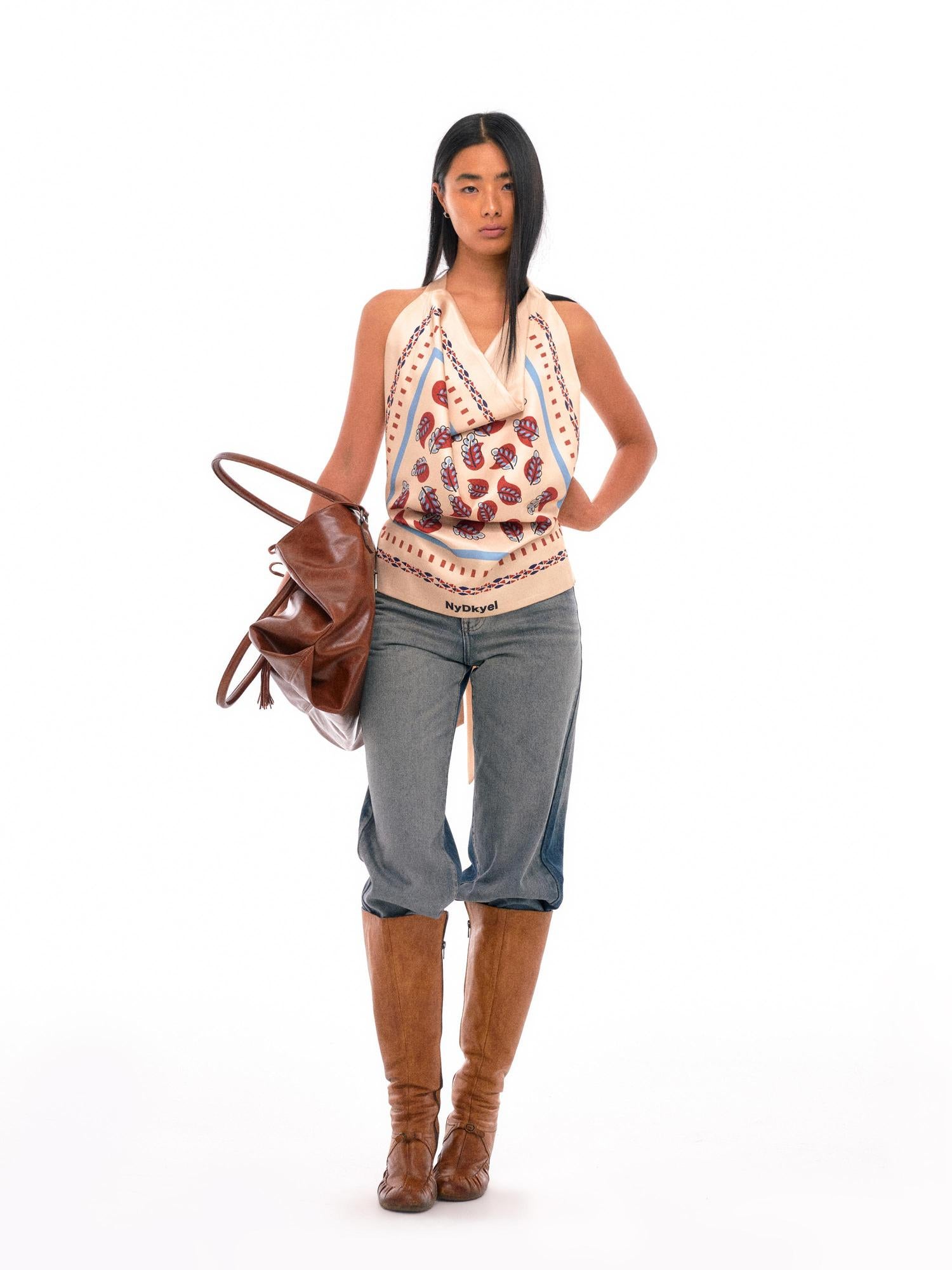 NyDkyel Satin Sheer Backless Halter Top With Ethnic Print
