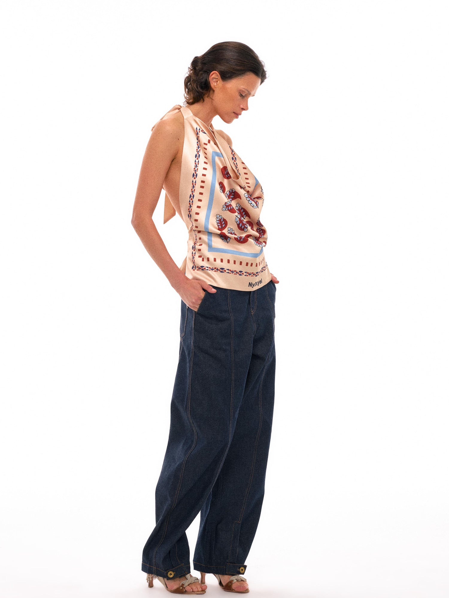 NyDkyel Satin Sheer Backless Halter Top With Ethnic Print