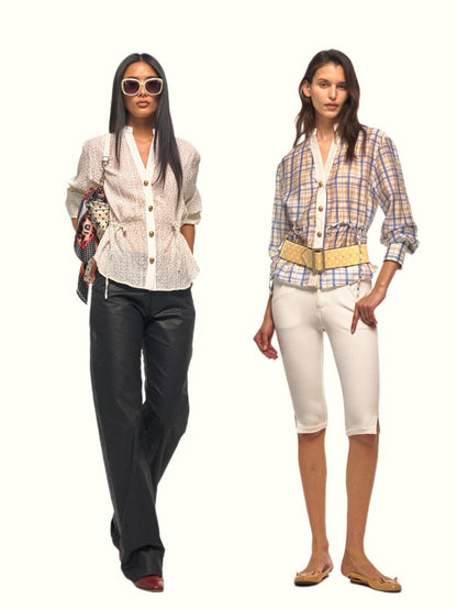 NyDkyel Sheer Polka Dot V-neck Drawstring Waist Gold Button Women&