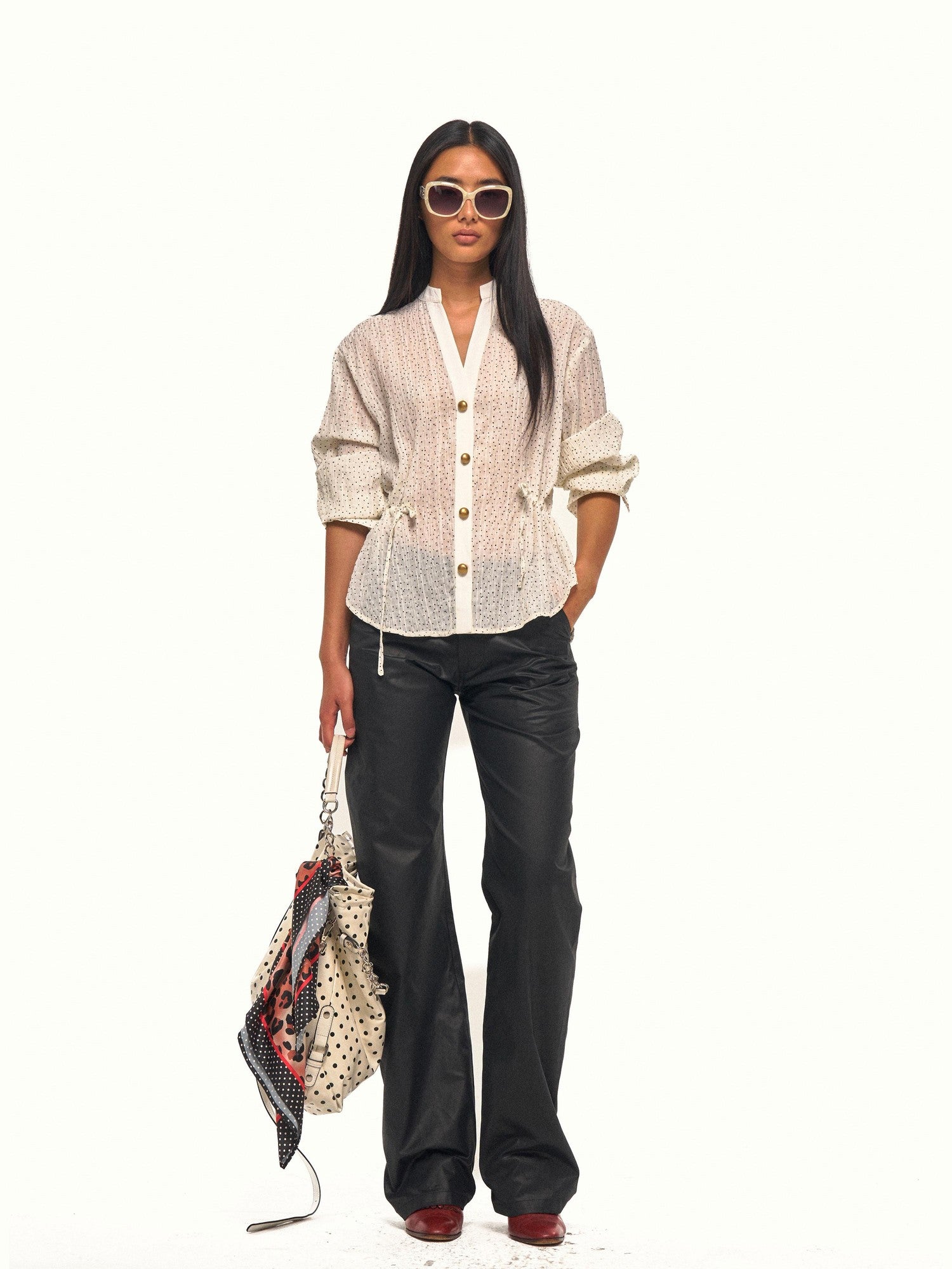 NyDkyel Sheer Polka Dot V-neck Drawstring Waist Gold Button Women&