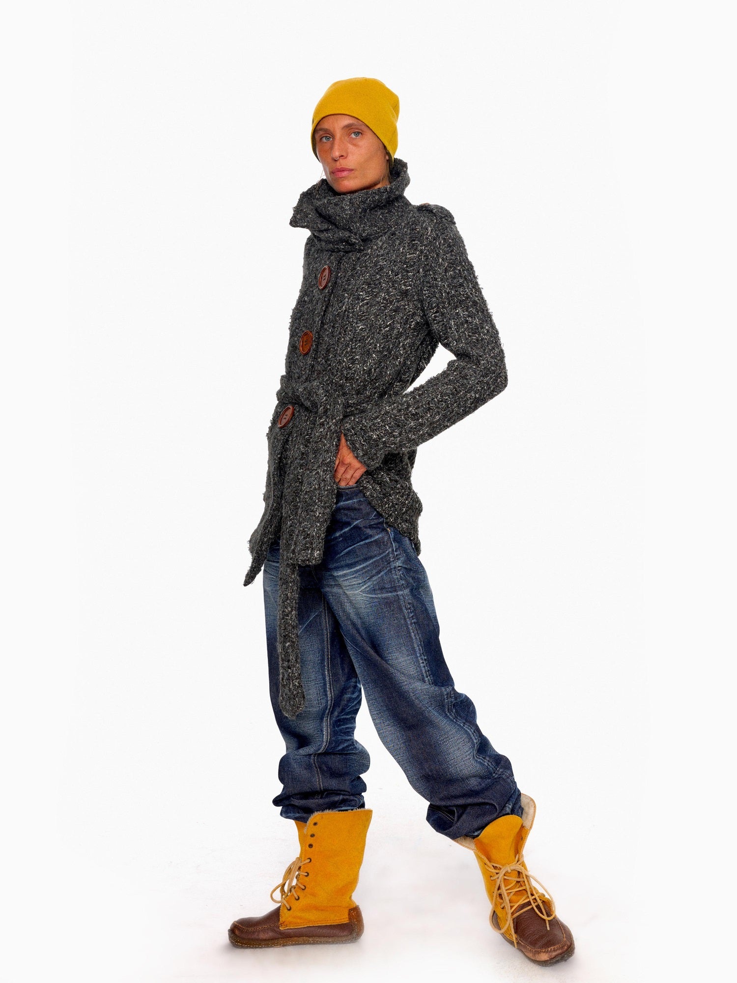 NyDkyel Soft Acrylic Slim Fit Epaulet Cardigan Women Knit Midlength Heather Gray Sweater