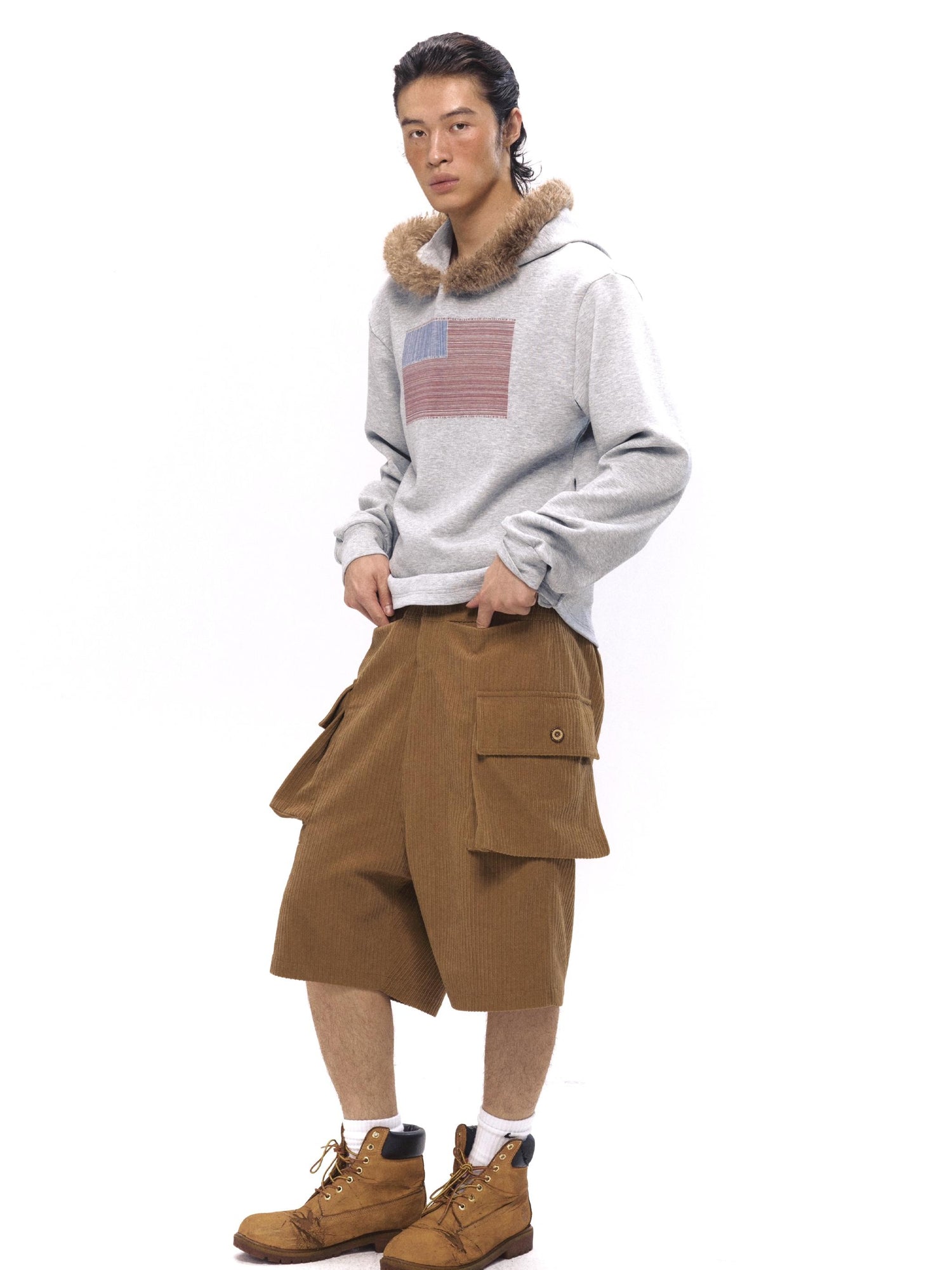 NyDkyel Soft Stretch Hoodie With Plush Collar And Vintage Print