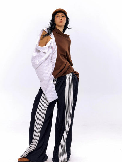 Striped Color Block Convertible Shirt Hoodie