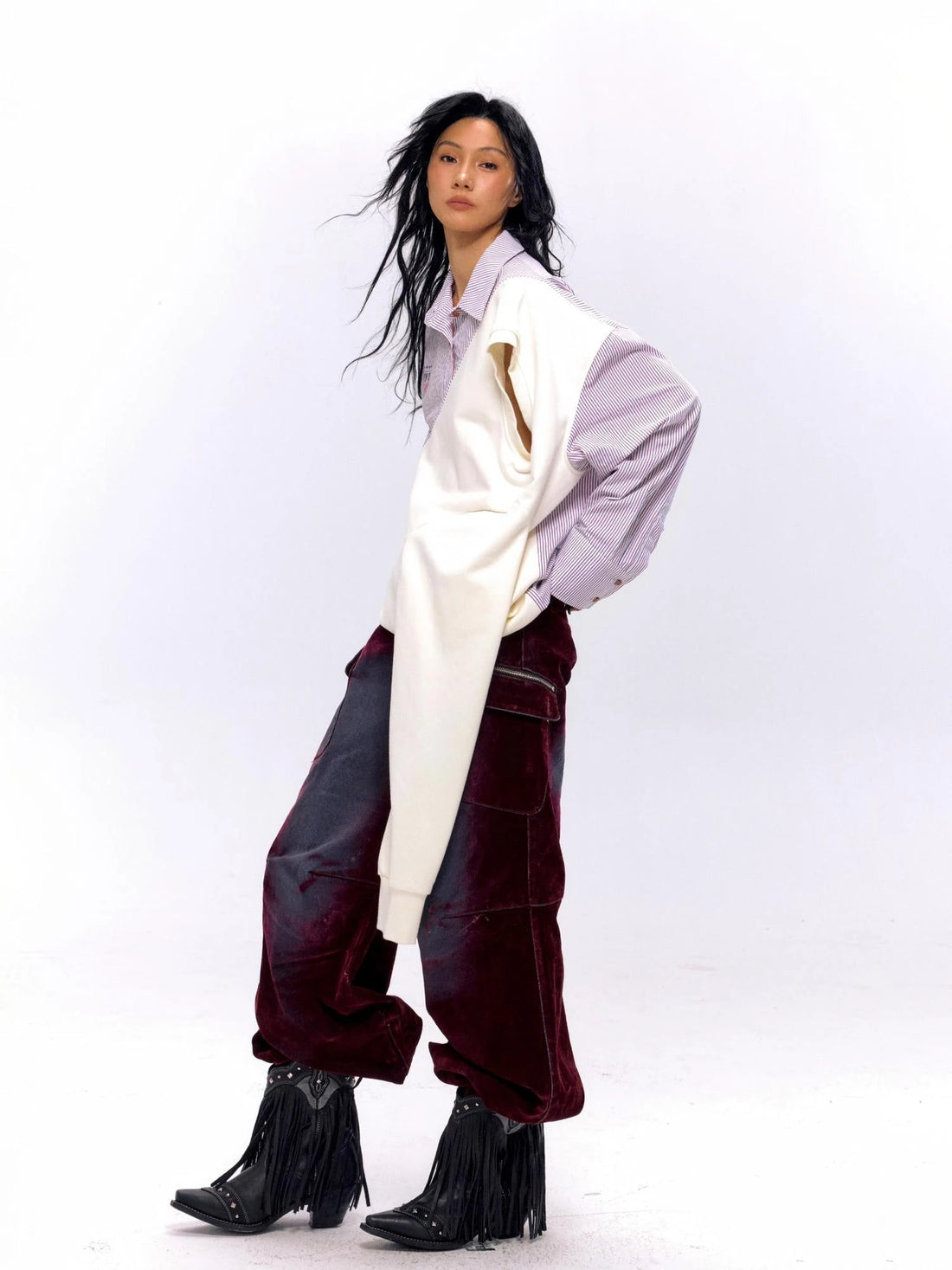 Striped Color Block Convertible Shirt Hoodie